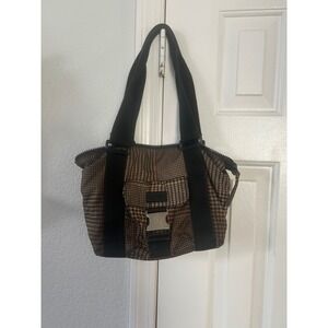 Y2K Lauren Ralph Lauren Houndstooth Nylon Shoulder Bag Brown Buckle